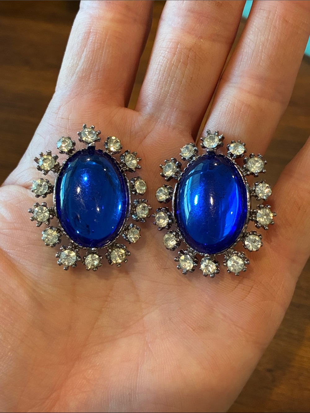 Royal Blue Cabochon and Rhinestone Clip-On Earrings